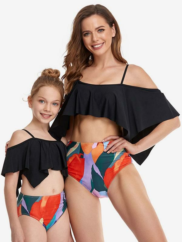 Swimsuits & Cover-Ups |   Two Piece Swimsuits For Women Black Floral Print Ruffles Bateau Neck Open Shoulder Summer Beach Swimming Suits Clothing Swimsuits & Cover-Ups