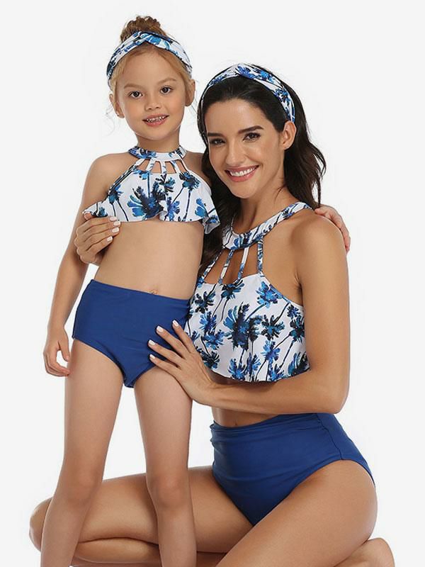 Swimsuits & Cover-Ups |   Two Piece Swimsuits For Women Blue Floral Print Pom Poms Jewel Neck Backless Summer Beach Swimwear Clothing Swimsuits & Cover-Ups