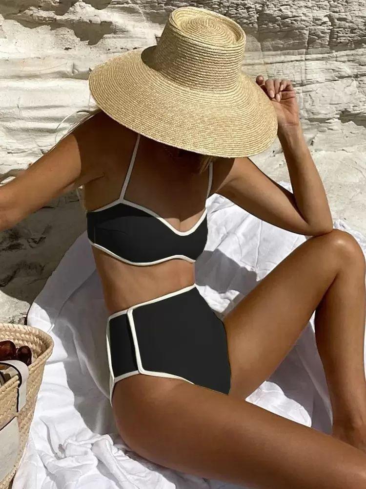 Swimsuits & Cover-Ups |   Two-Tone Bikinis Contrast Edge High Waist Wide Edge Beach 2 Pieces Set Clothing Swimsuits & Cover-Ups