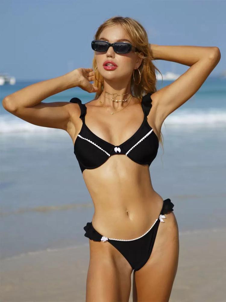 Swimsuits & Cover-Ups |   Two-Tone Bikinis Knot Ruffles Sexy Pantie Beach Vacation 2 Pieces Set Clothing Swimsuits & Cover-Ups