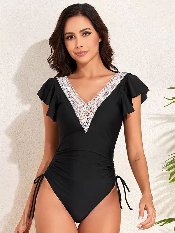 Swimsuits & Cover-Ups |   Two-Tone Swimwear Eyelet Trim Ruffles V-Neck Drawstring 1 Piece Swimsuit Clothing Swimsuits & Cover-Ups