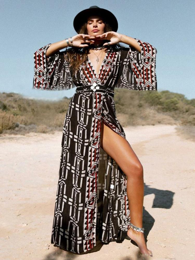 Swimsuits & Cover-Ups |   Women Cover Ups Black Geometric Split Front V-Neck Long Sleeves High-slit Summer Sexy Swimwear Clothing Swimsuits & Cover-Ups