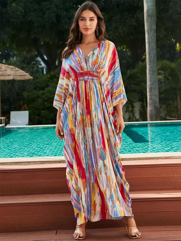 Swimsuits & Cover-Ups |   Women Cover Ups Coral Printed V-Neck 3/4 Length Sleeves Oversized Polyester Summer Beach Swimwear Clothing Swimsuits & Cover-Ups