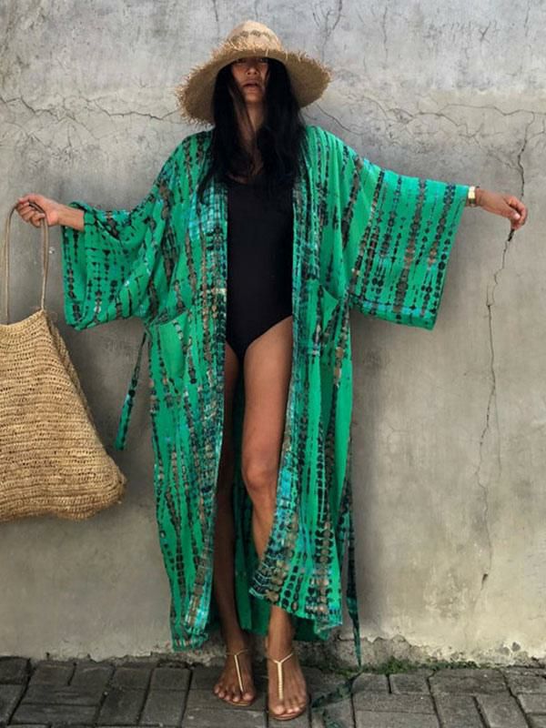 Swimsuits & Cover-Ups |   Women Cover Ups Green Color Block 3/4 Length Sleeves Summer Beach Swimwear Clothing Swimsuits & Cover-Ups