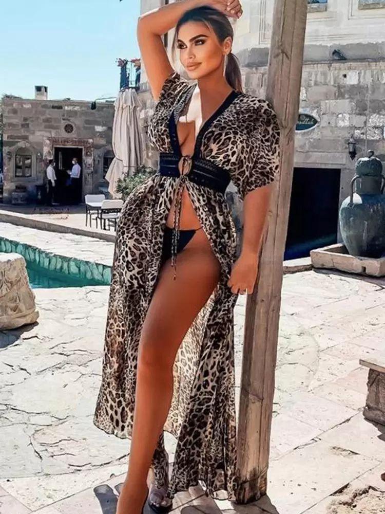 Swimsuits & Cover-Ups |   Women Cover Ups Leopard Leopard Print V-Neck Long Sleeves Polyester Summer Beach Bathing Suits Clothing Swimsuits & Cover-Ups