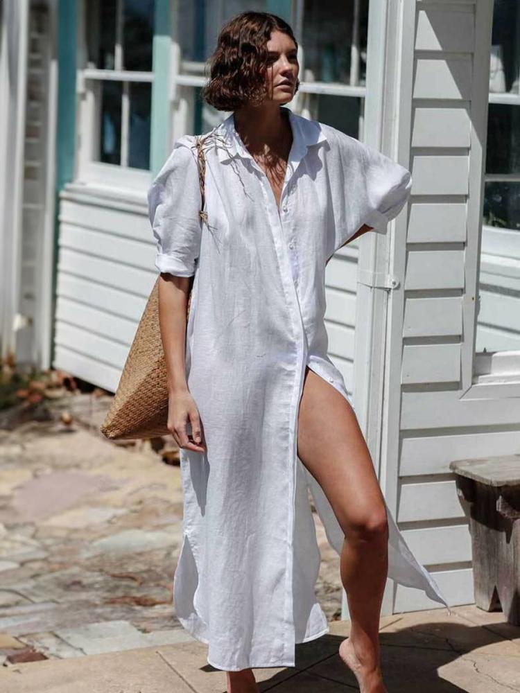 Swimsuits & Cover-Ups |   Women Cover Ups White Buttons Turndown Collar Half Sleeves Low-slit Summer Sexy Swimming Suits Clothing Swimsuits & Cover-Ups