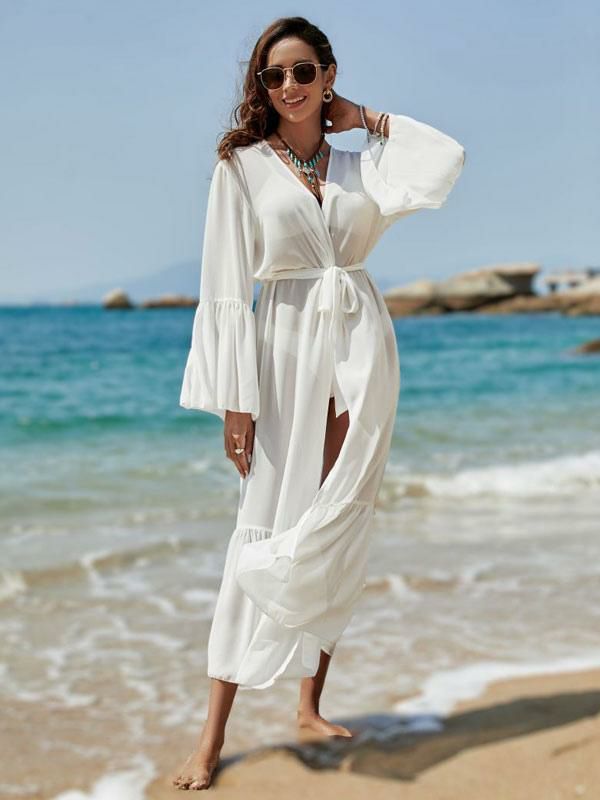 Swimsuits & Cover-Ups |   Women Cover Ups White Sash Long Sleeves Oversized Chiffon Summer Sexy Bathing Suits Clothing Swimsuits & Cover-Ups