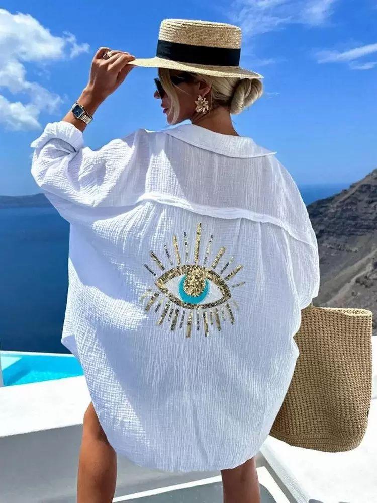 Swimsuits & Cover-Ups |   Women Cover Ups White Turndown Collar Long Sleeves Cotton Linen Summer Sexy Swimming Suits Clothing Swimsuits & Cover-Ups