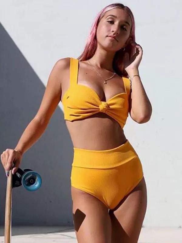 Swimsuits & Cover-Ups |   Women Two Piece Swimsuits Yellow Knotted Straps Neck Raised Waist Summer Sexy Swimming Suits Clothing Swimsuits & Cover-Ups