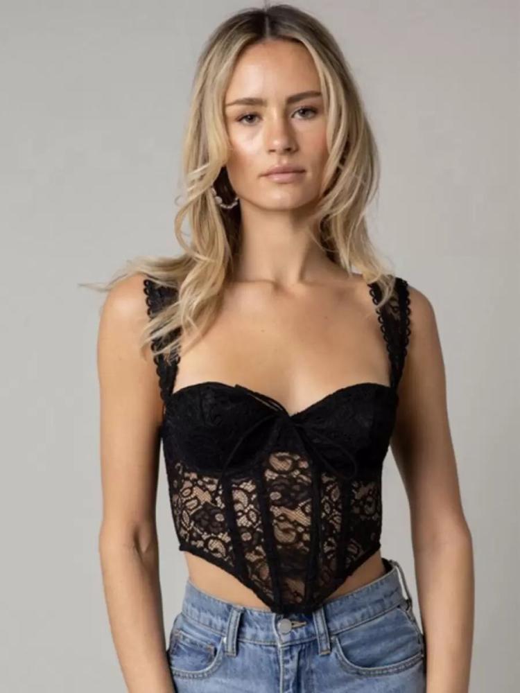 Tops |   Black Cami Top Sweetheart Neck Lace Lace Sheer Elegant Camis For Women Clothing Tops