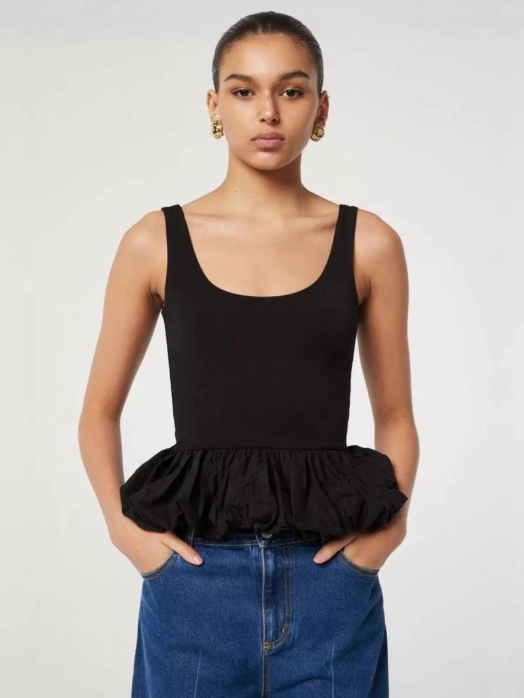 Tops |   Black Cami Top U-Neck Ruffles Chic Stretch Polyester Women Camis Clothing Tops