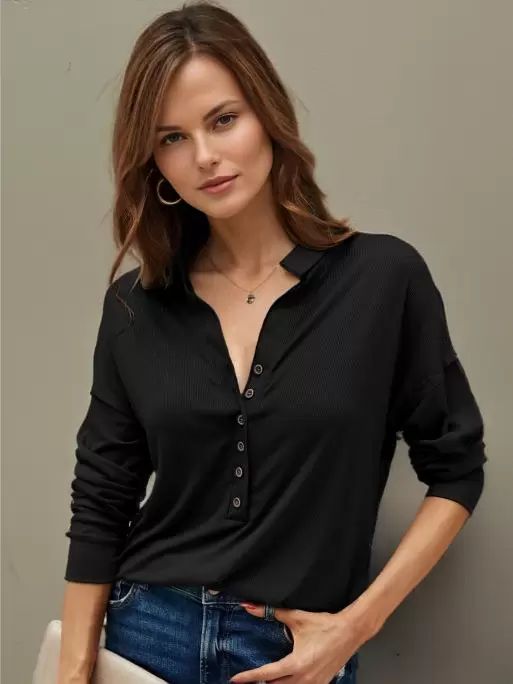 Tops |   Blouse For Women Black Turndown Collar Casual Buttons Long Sleeves Tops Clothing Tops