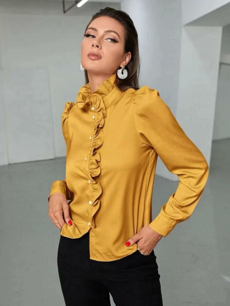 Tops |   Blouse For Women Gold High Collar Casual Buttons Cascading Ruffles Long Sleeves Tops Clothing Tops