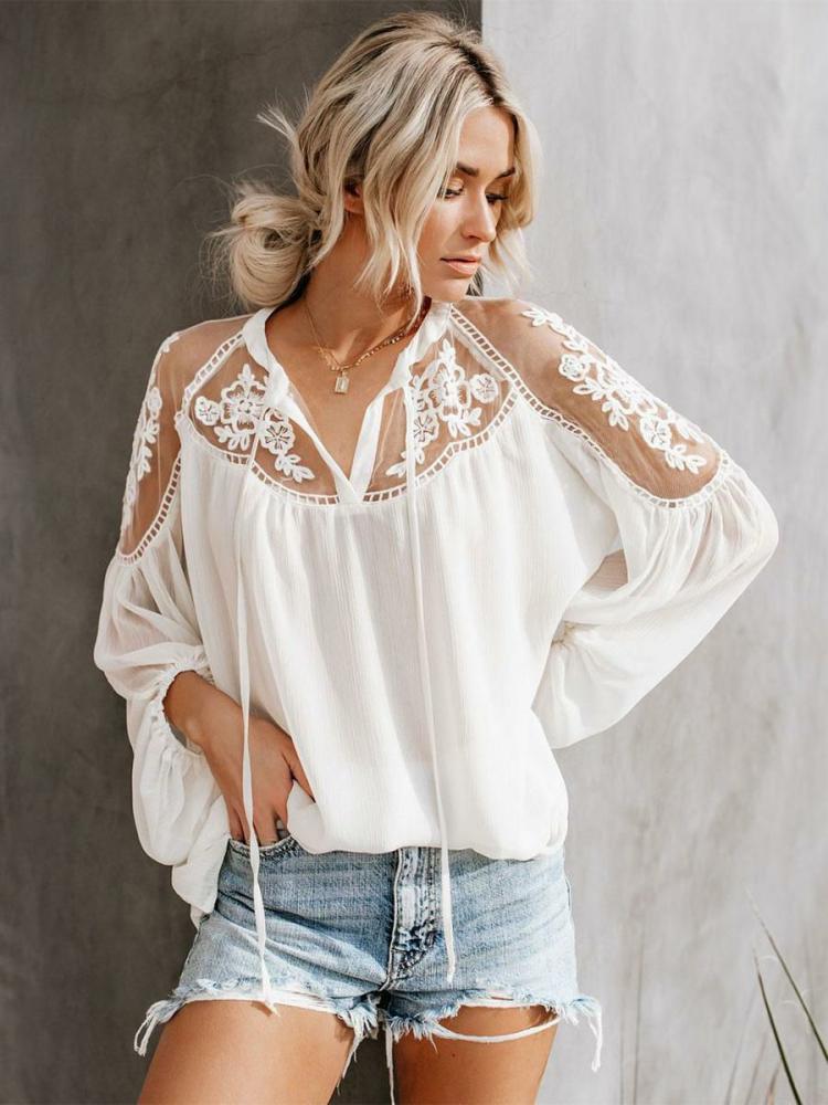 Tops |   Blouse For Women White Sheer Flowers Embroidered Bohemian Long Sleeves Tops Clothing Tops