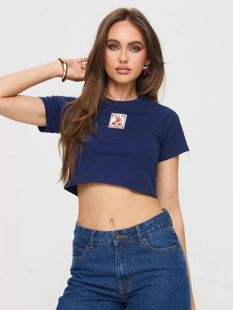 Tops |   Blue Crop Top Short Sleeves Round Neck Y2K Style Retro Tops Clothing Tops