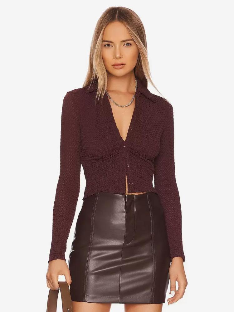 Tops |   Burgundy Sweaters Buttons Long Sleeves V-Neck Fitted Casual Sweater Clothing Tops