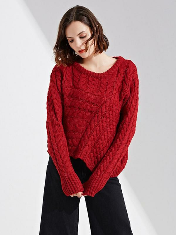 Tops |   Cable Knitted Sweater Round Neck Long Sleeves Ribbed Cuff Casual Pullover Clothing Tops