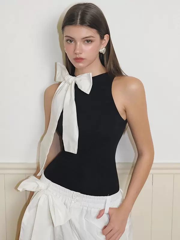 Tops |   Chic Bodysuit Sleeveless Bow Round Neck Two-Tone Woman Top Clothing Tops