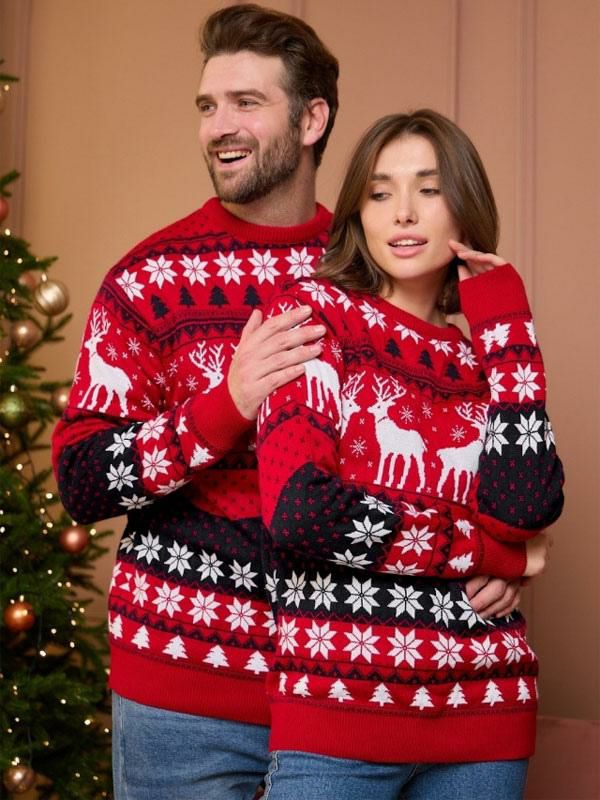 Tops |   Christmas Pattern Sweater Round Neck Long Sleeves Pullovers For Couple Clothing Tops