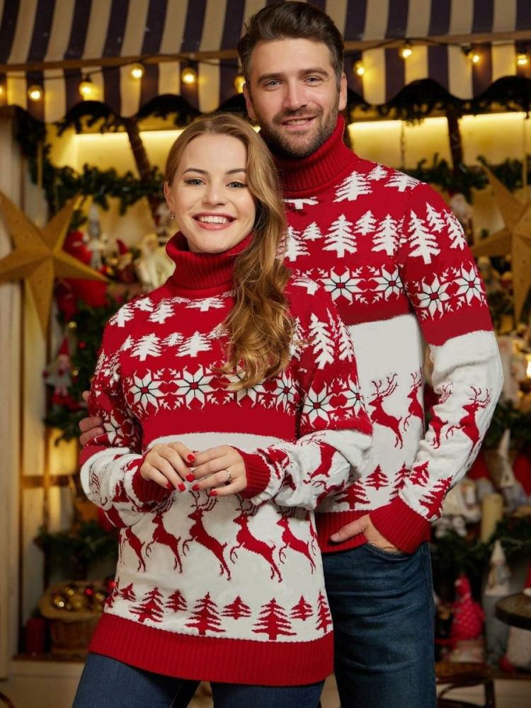 Tops |   Couple’s Pullovers High Collar 2024 Christmas Knit Sweaters Clothing Tops