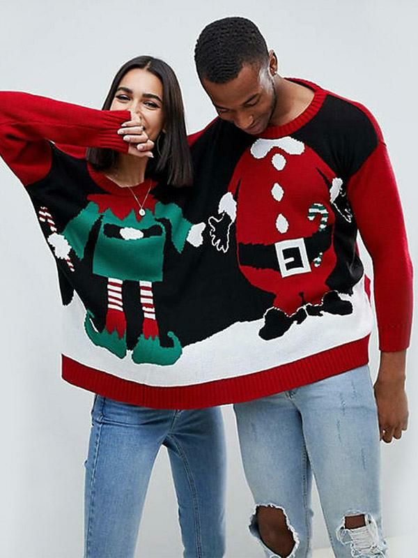 Tops |   Couples Sweater Christmas Pattern Ribbed Neck Long Sleeves Pullover Clothing Tops