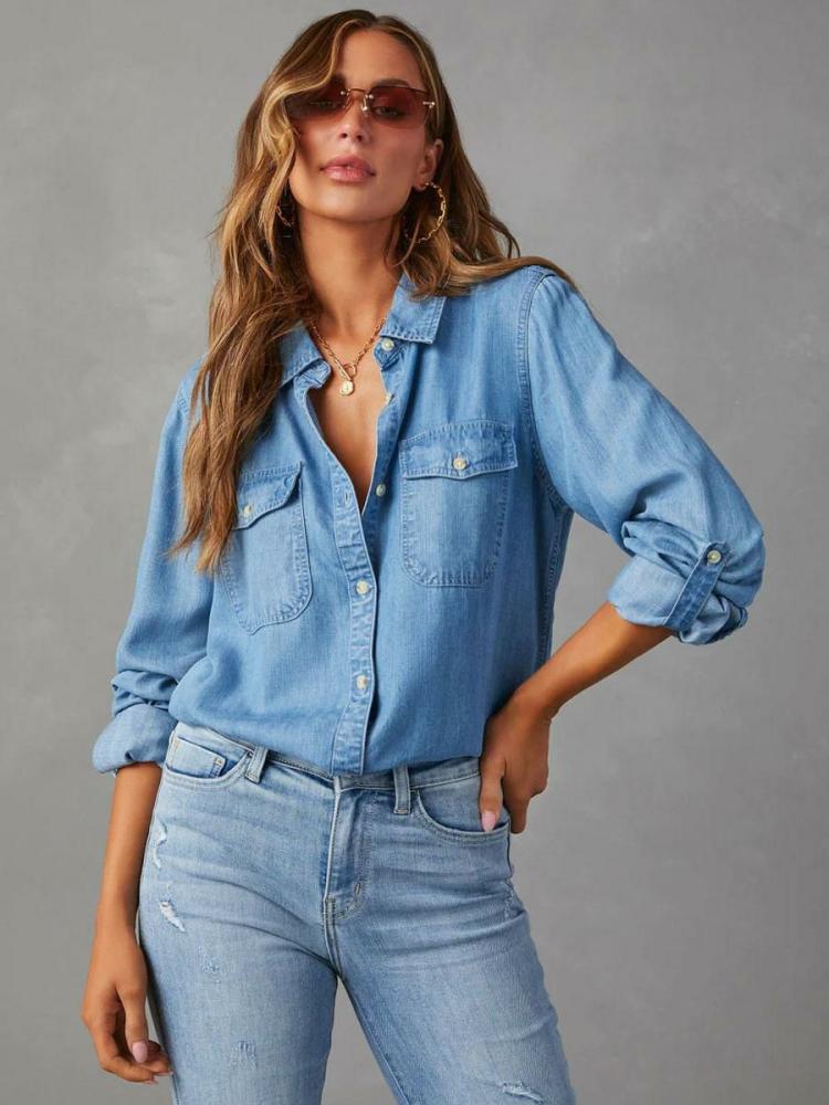 Tops |   Denim Blouse For Women Turndown Collar Flap Pockets Daily Tops Clothing Tops