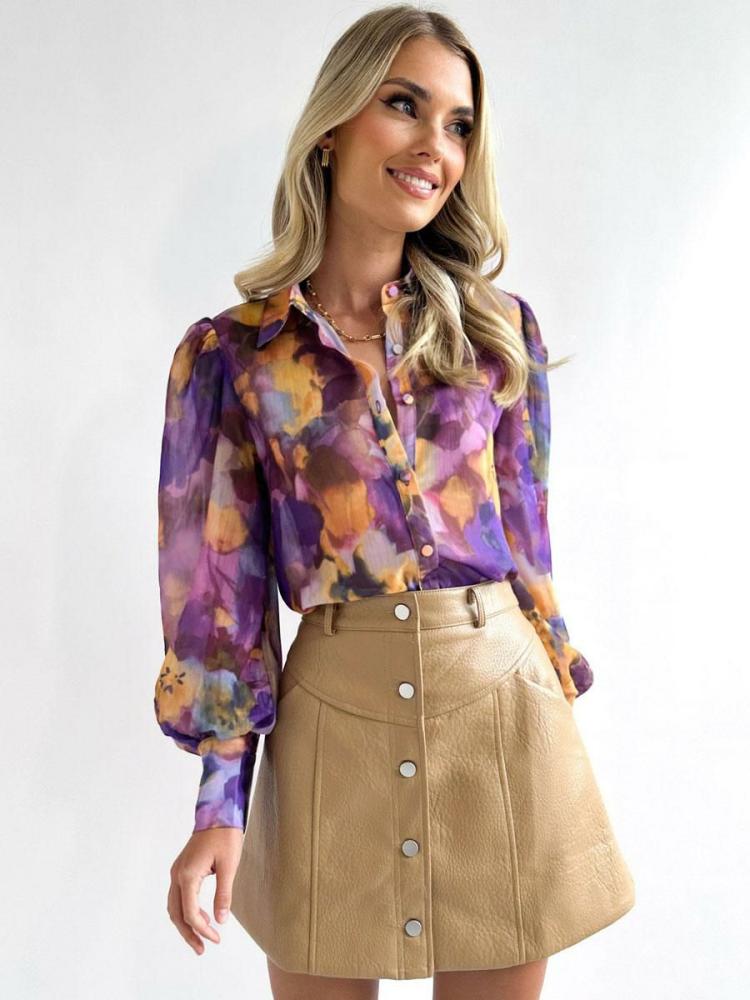 Tops |   Floral Shirt Purple Turndown Collar Casual Long Sleeves Tops Clothing Tops