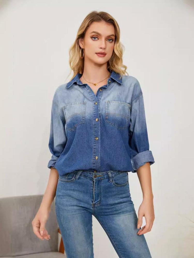 Tops |   Gradient Denim Blouse Long Sleeves Buttons Busniess Casual Top Clothing Tops