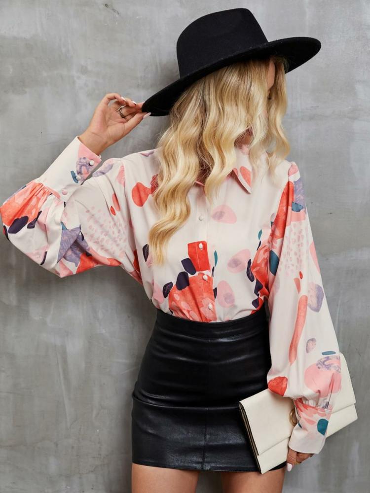 Tops |   Loose Blouse Printed Button Up Long Sleeves Casual Top Clothing Tops