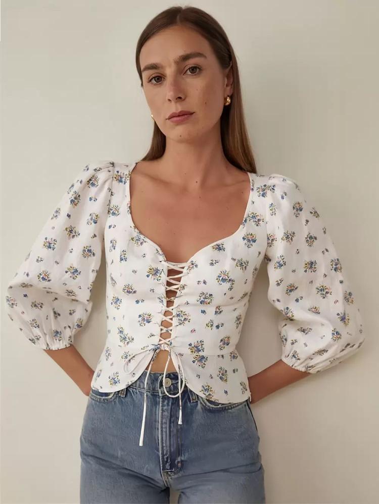 Tops |   Mini Floral Blouse Designed Neckline Three-Quater Sleeves Casual Tops Clothing Tops