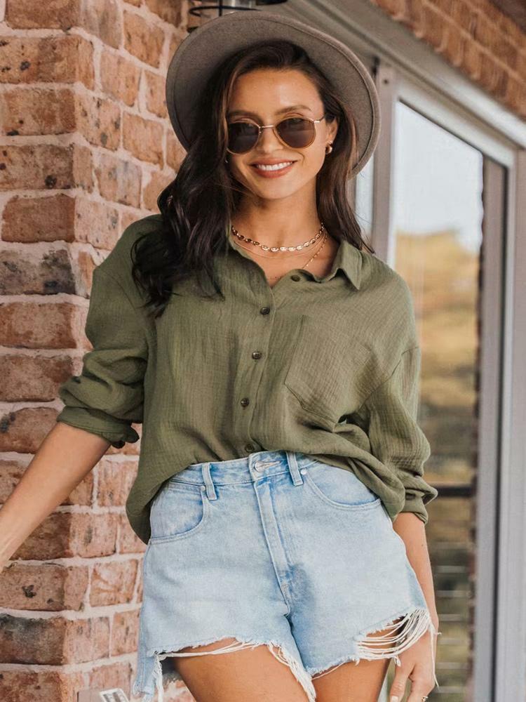 Tops |   Olive Blouse Buttons Long Sleeve Oversized Busniess Casual Blouses Clothing Tops