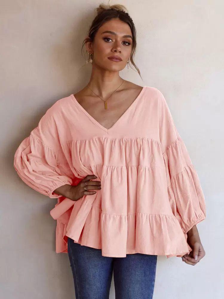 Tops |   Pink Oversized Blouses Tiered V-Neck Sweet Loose Casual Top Clothing Tops