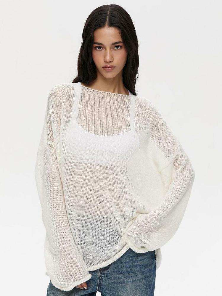 Tops |   Plain Crochet Tees Boatneck Long Sleeves Hollow Oversized Sexy Top Clothing Tops