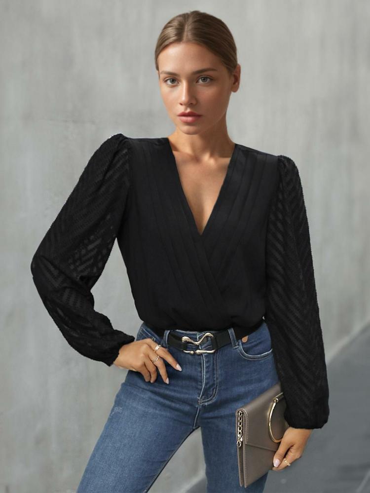 Tops |   Pleated Bodysuit V-Neck Daily Casual Top Clothing Tops