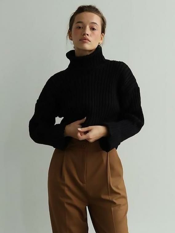 Tops |   Polo Neck Sweater Drop Shoulder Solid Color Sweaters For Women Clothing Tops