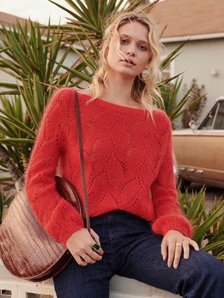 Tops |   Pullovers For Women Red Cut Out Jewel Neck Long Sleeves Wool Sweaters Clothing Tops