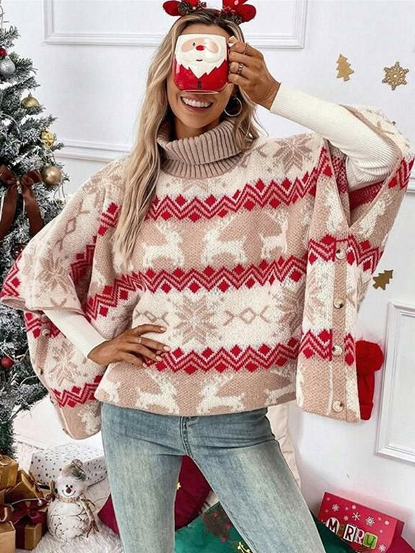 Tops |   Red Loose Tunic Sweater Polo Neck Batwing Sleeves Pullover Clothing Tops