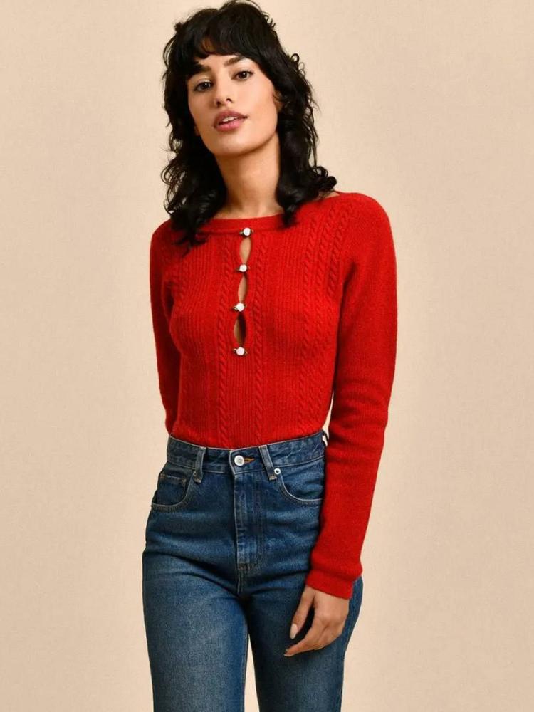 Tops |   Red Ribbed Sweater Bateau Neck Cut Out Long Sleeves Refined Top Clothing Tops