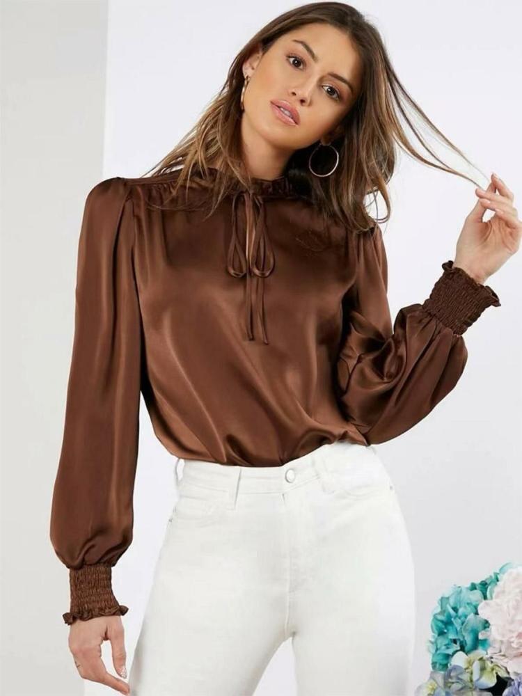 Tops |   Satin Blouse Round Neck Balloon Sleeves Ruffles Lace Up Top Clothing Tops