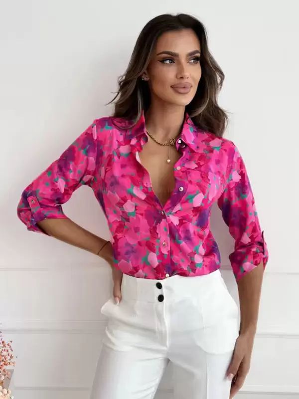 Tops |   Shirt For Women Blue Floral Print Turndown Collar Chic Long Sleeves Polyester Tops Clothing Tops