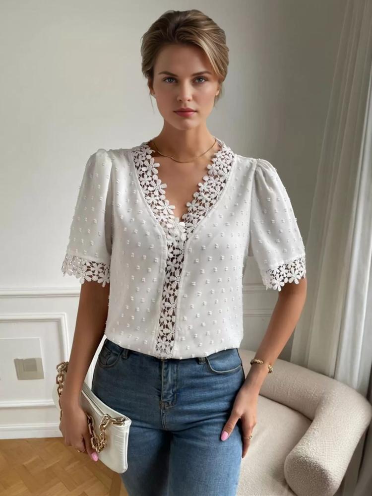 Tops |   Shirt For Women White Applique V-Neck Casual Short Sleeves Tops Clothing Tops