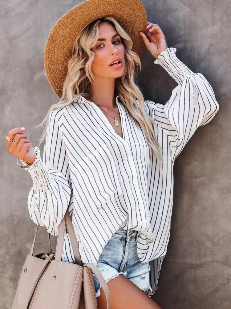 Tops |   Stripes Blouse Turndown Collar Long Sleeves Pleated Top Clothing Tops