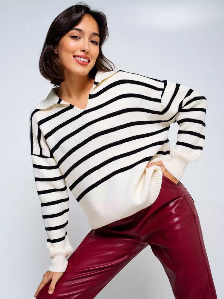 Tops |   Stripes Sweater V-Neck Drop Shoulder Ribbed Trim Casual Pullover Clothing Tops