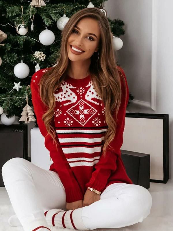 Tops |   Sweater Round Neck Long Sleeves Christmas Pattern Pullover In Red Clothing Tops