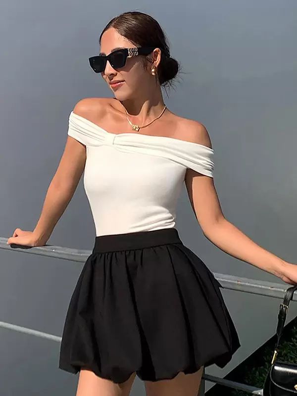 Tops |   Tee Off The Shoulder Pleated Solid Color Sexy Casual Top Clothing Tops