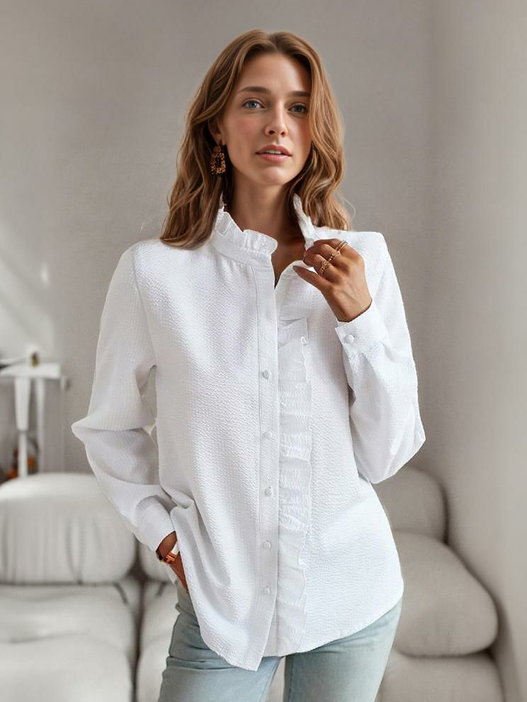 Tops |   Texture Blouse Long Sleeves Buttoned Cuff Ruffles Trim Top Clothing Tops