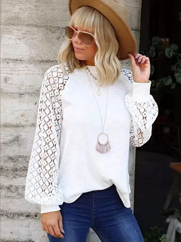 Tops |   White Blouse For Women Long Sleeves Jewel Neck Cotton Casual T-Shirt Clothing Tops