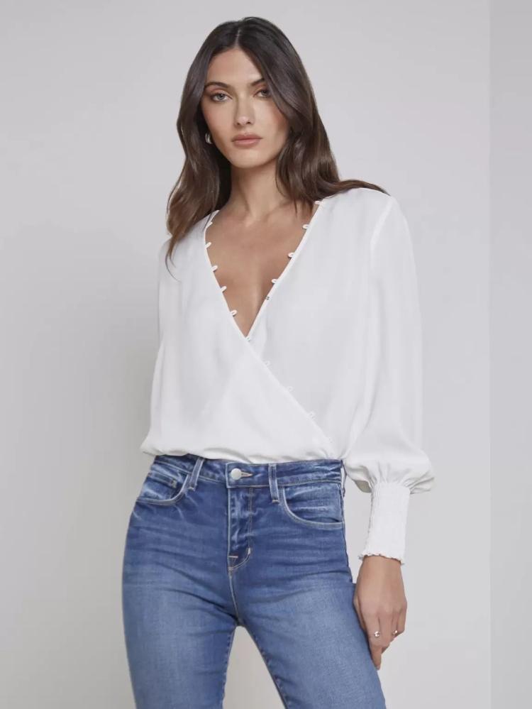 Tops |   White Blouse V-Neck Lantern Sleeves Embellished Collar Busniess Casual Top Clothing Tops