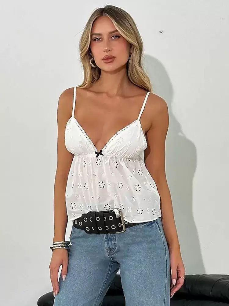 Tops |   White Cami Top Straps Neck Cut Out Bows Chic Polyester Camis For Women Clothing Tops