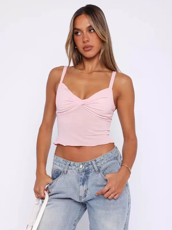 Tops |   White Cami Top Straps Neck Pleated Polyester Chic Women Camis Clothing Tops